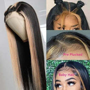 Honey Blonde Highlight Lace Wigs Skunk Stripe Hair 4x4 Closure Wig 180% Straight Brazilian Human Hair Wig