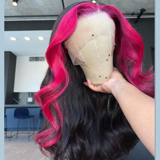 Hot Pink Highlight Straight Lace Wigs Skunk Stripe Hair 4x4 Closure Wig 180% Straight Brazilian Human Hair Wig