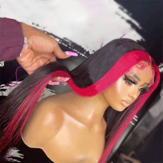 Hot Pink Highlight Straight Lace Wigs Skunk Stripe Hair 4x4 Closure Wig 180% Straight Brazilian Human Hair Wig