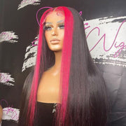 Hot Pink Highlight Straight Lace Wigs Skunk Stripe Hair 4x4 Closure Wig 180% Straight Brazilian Human Hair Wig