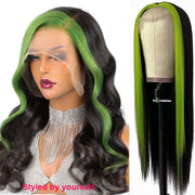 Green Color Highlight Lace Wigs Skunk Stripe Hair 4*4 13*4 Lace Front Wig 180% Straight Brazilian Human Hair