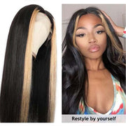 Honey Blonde Highlight Lace Wigs Skunk Stripe Hair 4x4 Closure Wig 180% Straight Brazilian Human Hair Wig