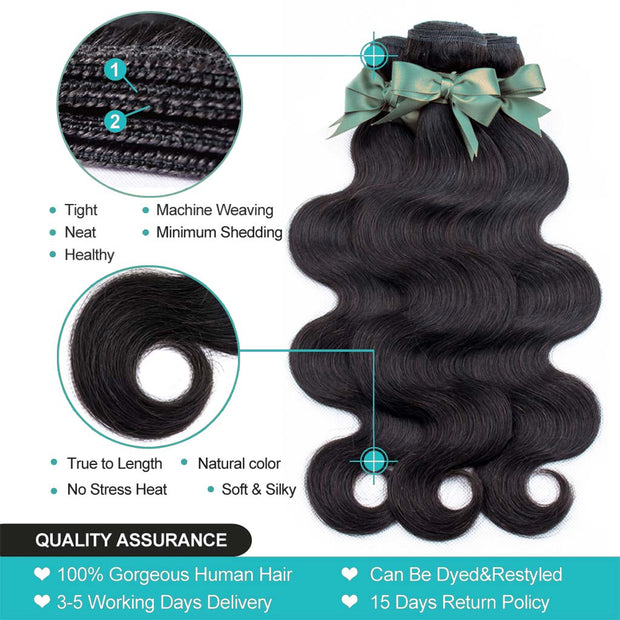 YZ Grace 10A Thick 8-32inch  Brazilian Human Hair Body Wave Bundles with Closure Natural Color - ashimaryhair