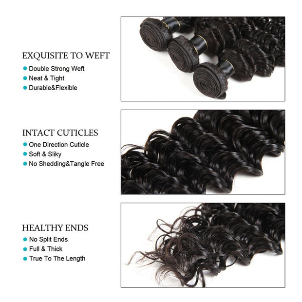 3 Bundles 10A Deep Wave Human Hair Bundles Natural Color - ashimaryhair