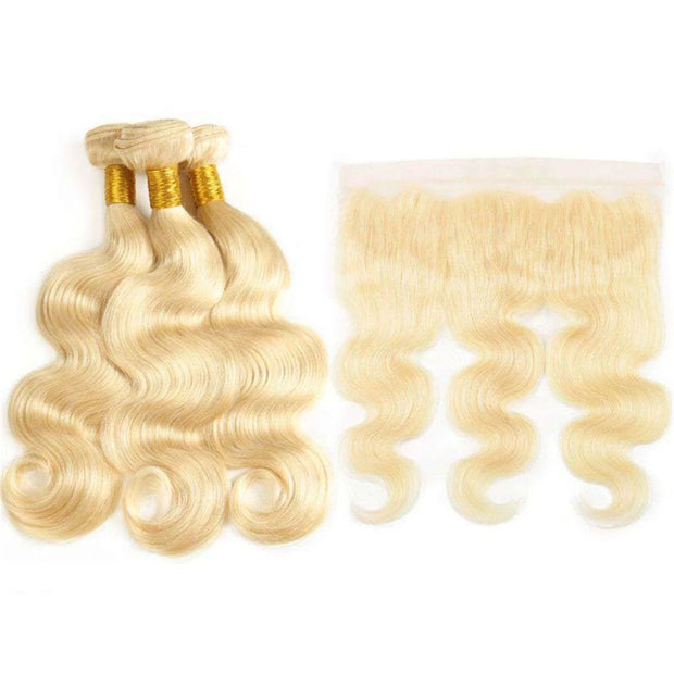 613 Honey Blonde Brazilian Body Wave Hair 3 Bundles With Frontal Human Hair - ashimaryhair