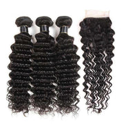 Deep Wave 10A 3 Bundles with Closure Free Part Brazilian Human Hair Natural Color - ashimaryhair