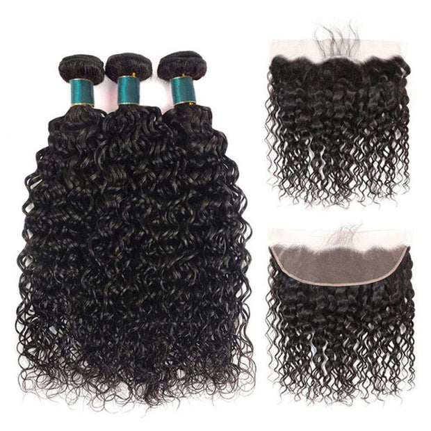Water Wave Brazilian Hair 3 Bundles With Frontal Human Hair Natural Wave 10A Grade - ashimaryhair