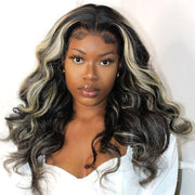 Original Platinum Blonde Highlights Mixed Color Transparent HD Lace Human Hair Body Wave Wigs