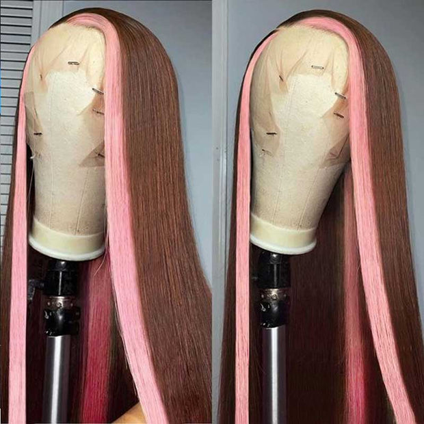 Trending Skunk Stripe on 4# Straight Hair Body Wave Hair 13*4 Lace Frontal Wigs One Donor