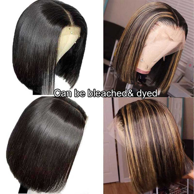 Glueless Double Drawn Blunt Cut Bob Transparent Lace Wig 10A Double Drawn Human Hair