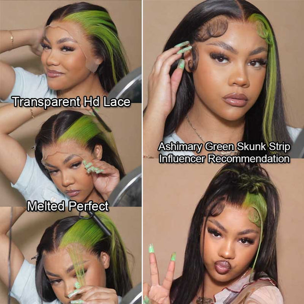 Green Color Highlight Lace Wigs Skunk Stripe Hair 4*4 13*4 Lace Front Wig 180% Straight Brazilian Human Hair