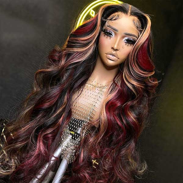 Ashimaryburgundyhairwithblondehighlightslacewigs