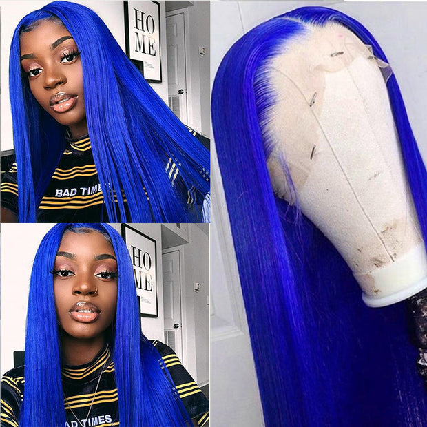 BOGO Blue Straight Brazilian Human Hair Transparent Lace Colored Wigs