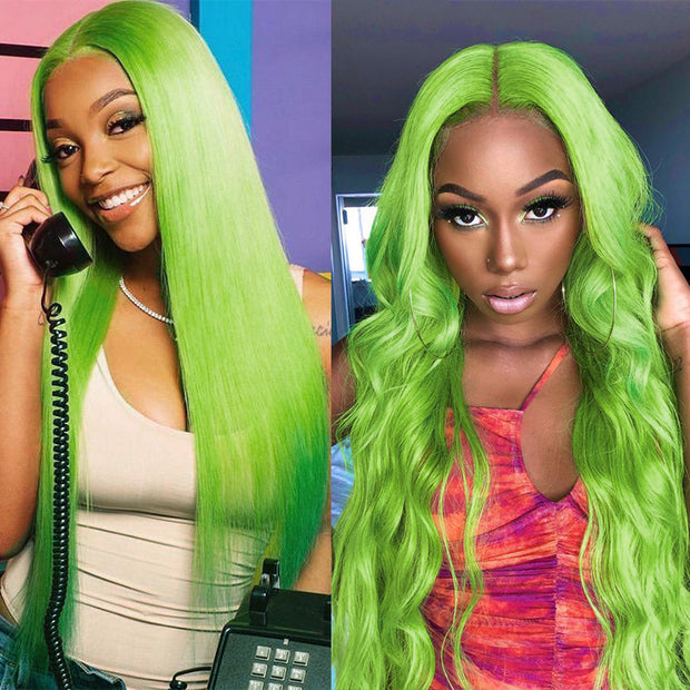 BOGO Green Straight Lace Front Wig Human Hair Colored Wig