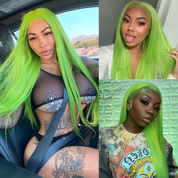 BOGO Green Straight Lace Front Wig Human Hair Colored Wig