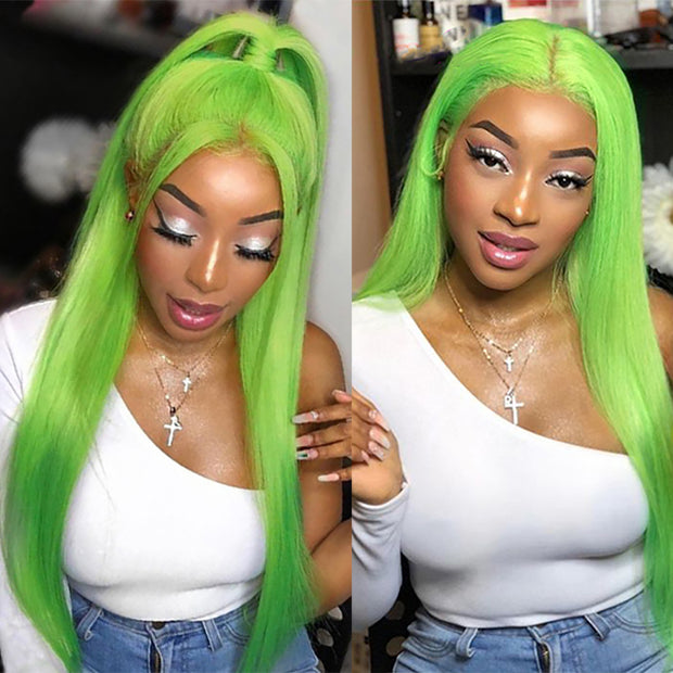 BOGO Green Straight Lace Front Wig Human Hair Colored Wig