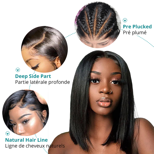 Short Straight Bob Double Drawn Transparent Lace Frontal Wigs Human Hair
