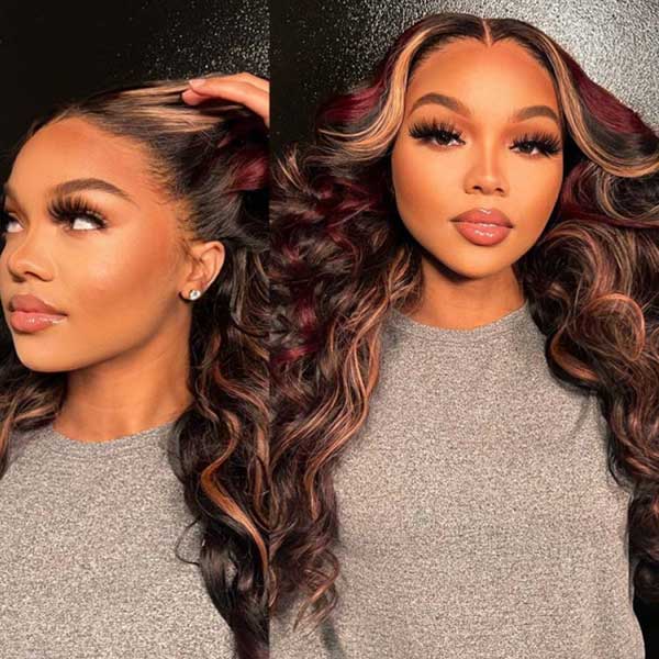 Beautiful women wearing burgundy hair with blonde highlights lace wigs