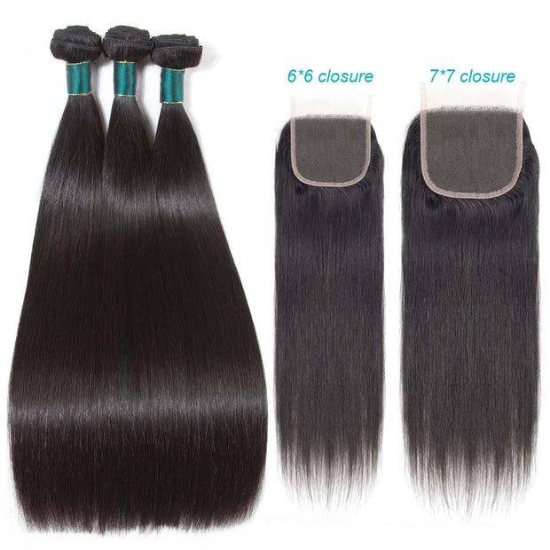 6*6 7*7 Lace Closure With Bundles Straight Brazilian Hair-AshimaryHair.com