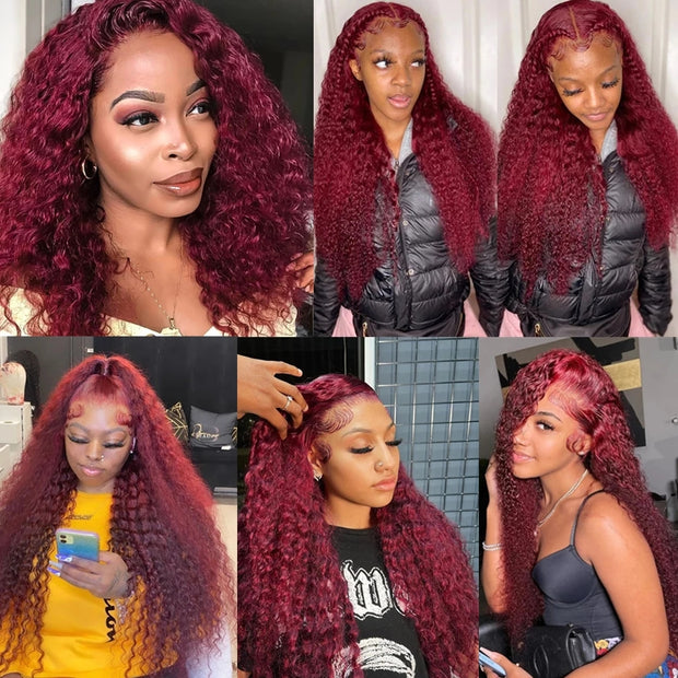 13*4 13*6 Deep Wave 99J Burgundy Curly Wig Frontal Wigs Ashimary Virgin Hair Front Wigs