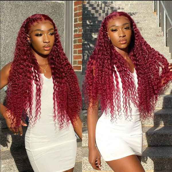 13*4 13*6 Deep Wave 99J Burgundy Curly Wig Frontal Wigs Ashimary Virgin Hair Front Wigs