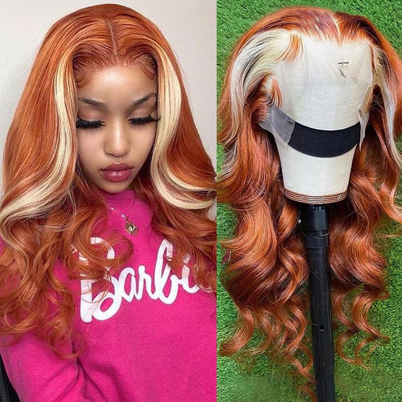 Ginger With Blonde Skunk Stripe Lace Front Wigs Body Wave Human Hair W ...