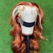 Ginger With Blonde Skunk Stripe Lace Front Wigs Body Wave Human Hair Wigs