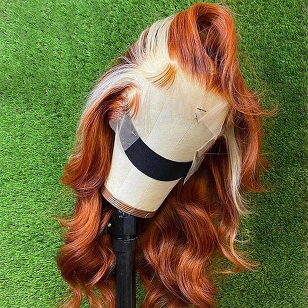Ginger With Blonde Skunk Stripe Lace Front Wigs Body Wave Human Hair Wigs