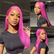 Hot Pink Color HD Transparent Lace Closure Wig Straight hair
