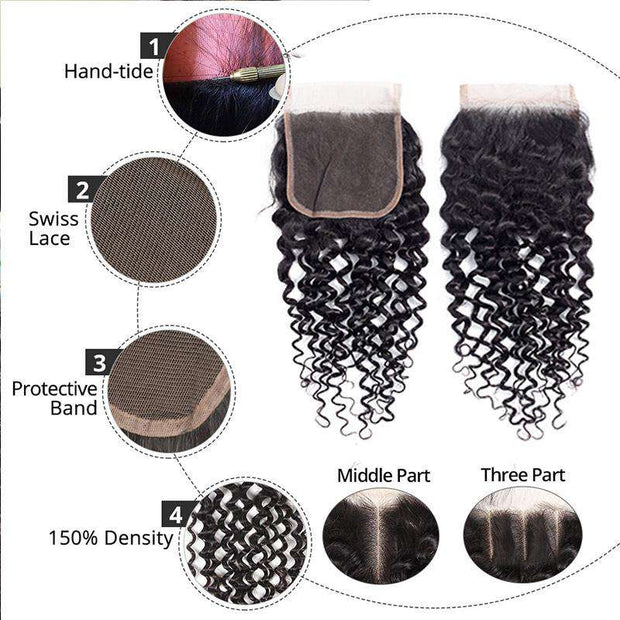 10A Jerry Curly Virgin Hair 3 Bundles With Closure 100% Human Hair - ashimaryhair