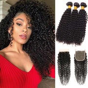 10A Kinky Curly Hair 4 Bundles With Closure Brazilian Hair Natural Color - ashimaryhair