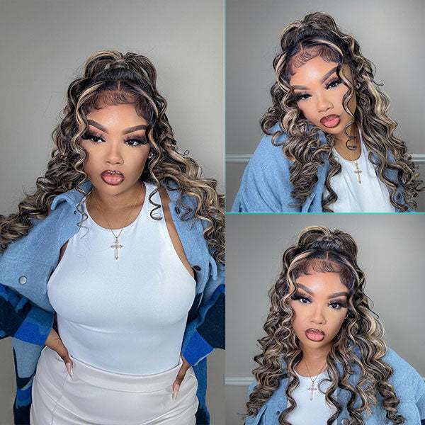 Original Platinum Blonde Highlights Mixed Color Transparent HD Lace Human Hair Body Wave Wigs