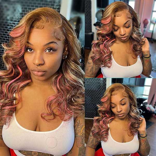 Pink?Highlights?In?Brown?Hair?13x4 HD Transparent Lace Wig