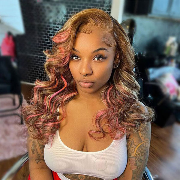 Pink?Highlights?In?Brown Hair?13x4 HD Transparent Lace Wig body wave