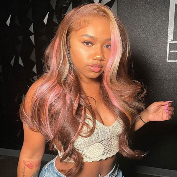 Pink?Highlights?In?Brown?Straight Hair?13x4 HD Transparent Lace Wig