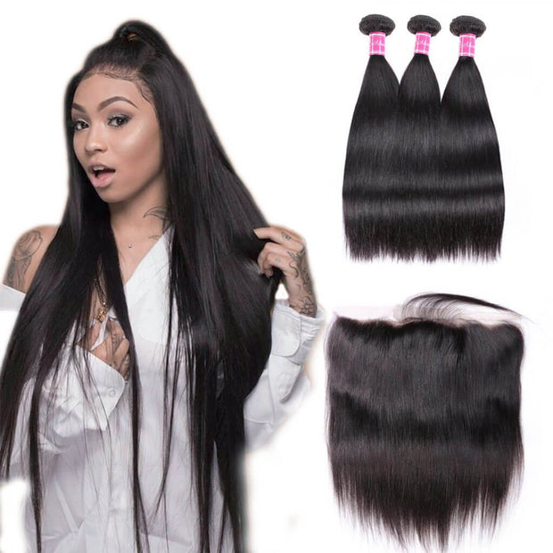 Indian Remy Human Hair Weaves Straight 3 Bundles with Lace Frontal Closure on AshimaryHair.com
