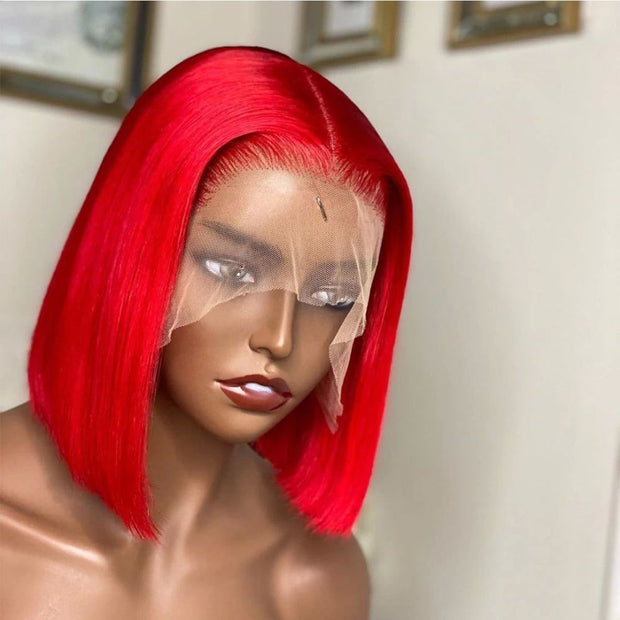 BOGO Red Color Transparent Lace Front/Closure Bob Wig 180% Short Hair