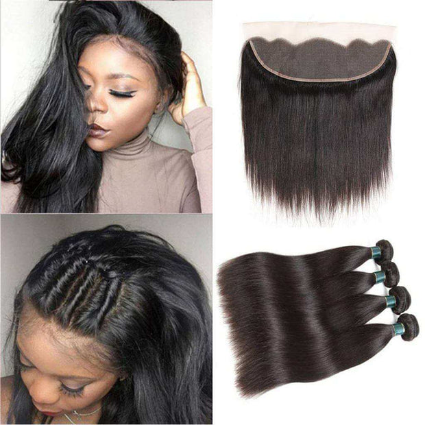 Ashimary Hair 13*4 Ear to Ear Lace Frontal with Bundles Straight Brazilian Virgin Hair Weave Bundles with Lace Frontal Closure