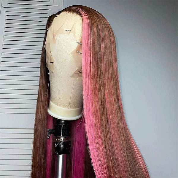 Straight Pink Highlights In Brown Hair