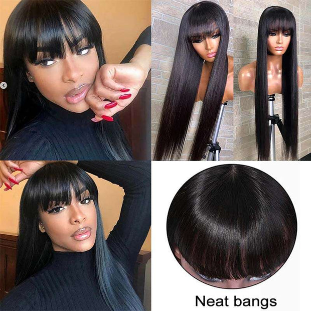 Ashimary Full Machine Made Wig Straight Virgin Hair Wigs With Bangs