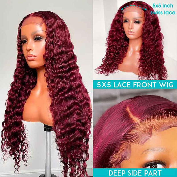 99j Burgundy Curly Hair 4x4 5x5 6x6 Glueless Lace Closure Wig Ashimary Virgin Hair