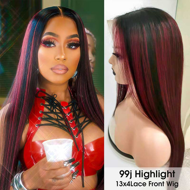 Pink Highlight 99J Highlight Piano Color Straight Wig Highlights on Black Hair