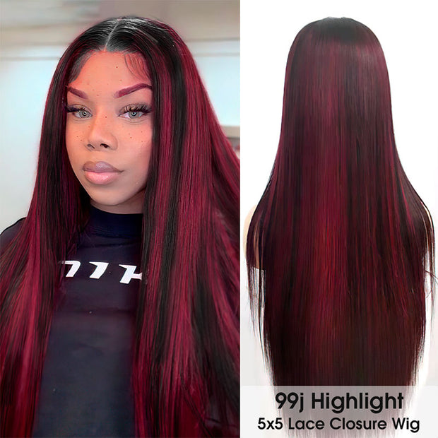 Pink Highlight 99J Highlight Piano Color Straight Wig Highlights on Black Hair