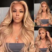 Customized Peachy Champagne with Blonde Highlight Wig Transparent Lace Front Wigs Ashimary Human Hair 180%