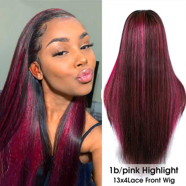 Pink Highlight 99J Highlight Piano Color Straight Wig Highlights on Black Hair