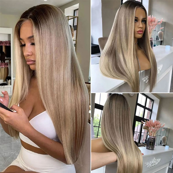 Flash Sale 26inch Customized Blonde Balayage on Straight Brown Hair Transparent 13x4 Lace Frontal Wig Ashimary Hair ZN003