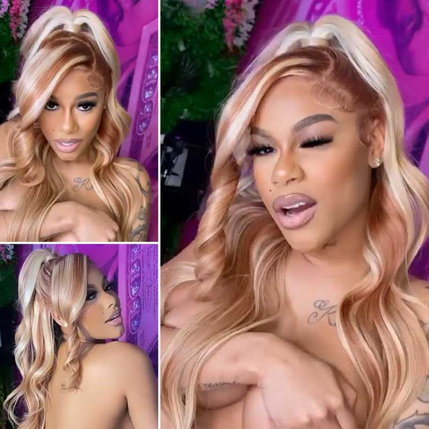 Customized Blonde Highlight on Reddish Brown Wig 13x6 Transparent Lace Front Wigs Ashimary Human Hair