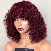 Burgundy Curly Hair Wig with Bangs Cost-effective To-Go Wig 10A Human Hair