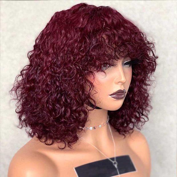 Burgundy Curly Hair Wig with Bangs Cost-effective To-Go Wig 10A Human Hair