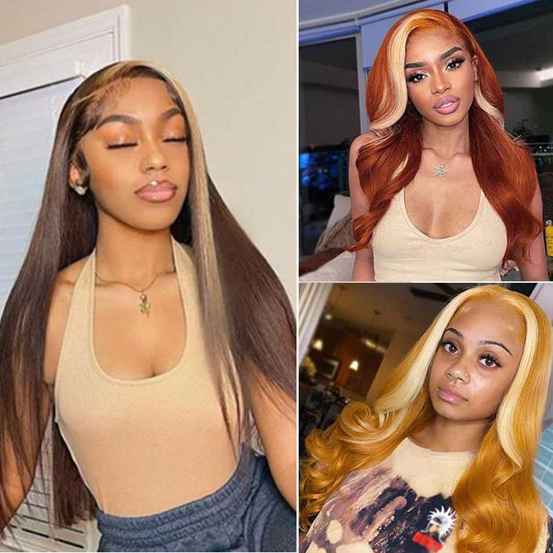 Trending Blonde Skunk Stripe with Colored Hair 13*4 Lace Frontal Wigs One Donor